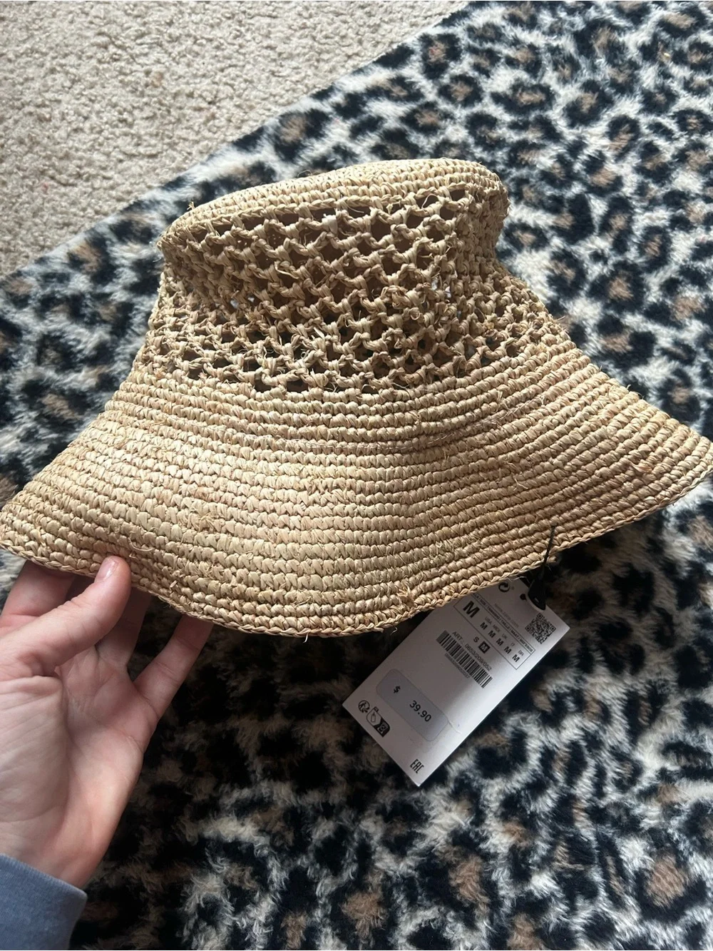 ZARA NWT Raffia Crochet Wide Brim Bucket Hat Natural Size M